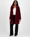 Coffeeshop Juniors' Notched-collar Faux-fur Walker Coat In Burgundy