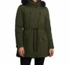 Coffeeshop Soft Shell Hooded Coat With Faux Fur Trim In Green In Green