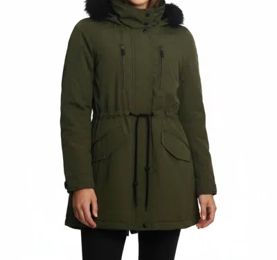 Coffeeshop Soft Shell Hooded Coat With Faux Fur Trim In Green