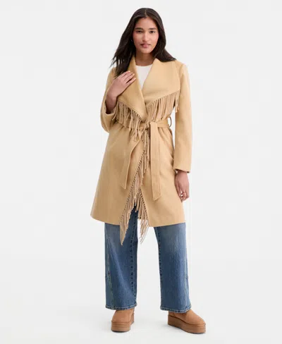 Coffeeshop Women's Fringe-trim Tie-belt Wrap Coat In Camel