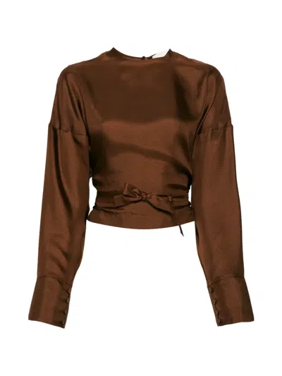 Co.go Satin-finish Tie-waist Top In Brown