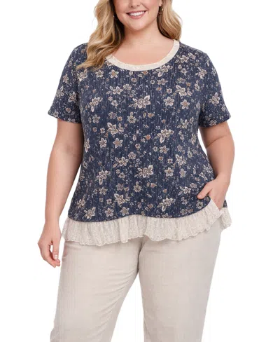 Coin 1804 Plus Size Boho Floral Rib And Lace Pleat Back Short Sleeve Top In Blue