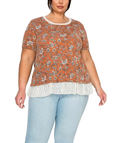 Coin 1804 Plus Size Boho Floral Rib And Lace Pleat Back Short Sleeve Top In Brown
