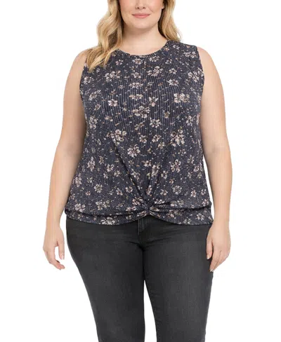 Coin 1804 Plus Size Boho Floral Rib Twist Tank In Blue