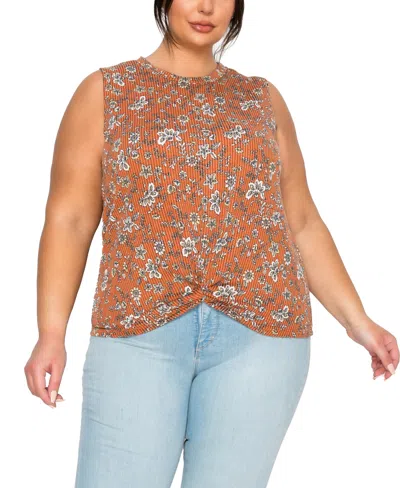 Coin 1804 Plus Size Boho Floral Rib Twist Tank In Brown