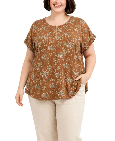 Coin 1804 Plus Size Boho Floral Rib Zip Front Dolman Top In Brown