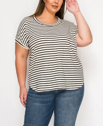 Coin 1804 Plus Size Contrast Binding Scoop Neck Short Sleeve Top In Black Ivory