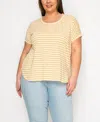 Coin 1804 Plus Size Cotton Stripe Dolman Short Sleeve Top In Mustard Ivory