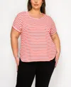 Coin 1804 Plus Size Cotton Stripe Dolman Short Sleeve Top In Red Ivory