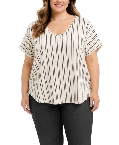 Coin 1804 Plus Size Cotton Vertical Stripe V-neck Top In White