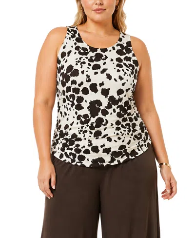 Coin 1804 Plus Size Cow Print Side Ruched Lace Back Tank Top In Brown