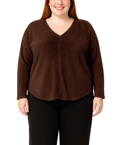 Coin 1804 Plus Size Cozy Rib V Neck Top In Brown