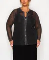 Coin 1804 Plus Size Dot Mesh Button Front Long Sleeve Top In Black