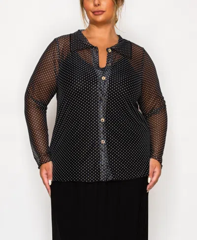 Coin 1804 Plus Size Dot Mesh Button Front Long Sleeve Top In Multi