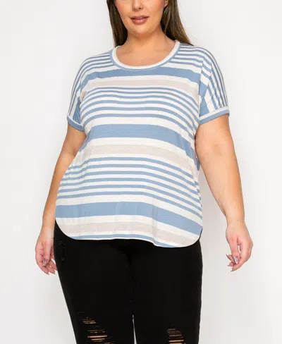 Coin 1804 Plus Size Engineer Stripe Dolman Short Sleeve Top In Denim Oat Ivory