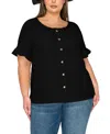 Coin 1804 Plus Size Eyelet Jersey Button Front Ruffle Sleeve Peasant Top In Black