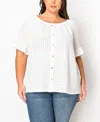 Coin 1804 Plus Size Eyelet Jersey Button Front Ruffle Sleeve Peasant Top In Ivory