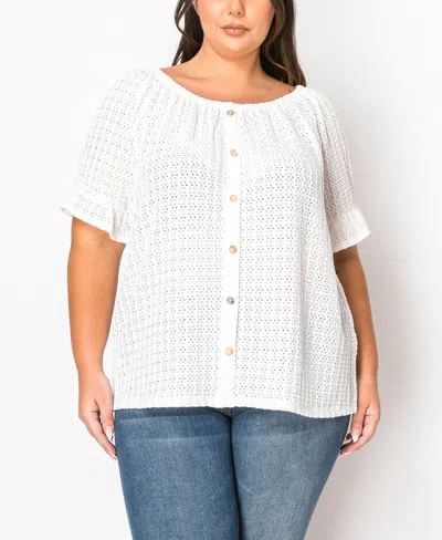 Coin 1804 Plus Size Eyelet Jersey Button Front Ruffle Sleeve Peasant Top In Ivory