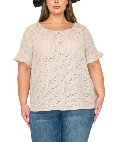 Coin 1804 Plus Size Eyelet Jersey Button Front Ruffle Sleeve Peasant Top In Taupe