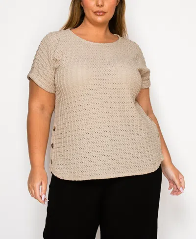 Coin 1804 Plus Size Eyelet Jersey Scoop Neck Side Buttons Top