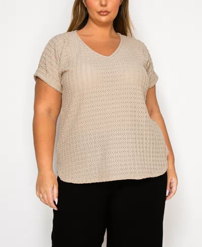 Coin 1804 Plus Size Eyelet Jersey V Neck Rolled Sleeve Top