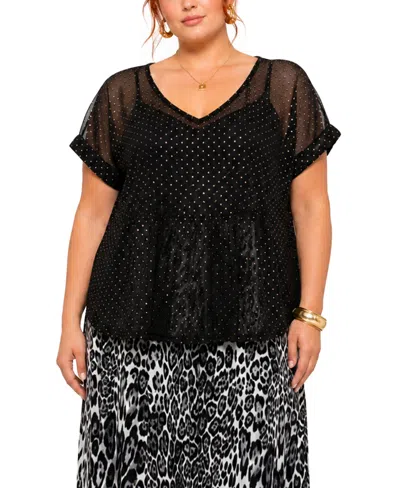 Coin 1804 Plus Size Foil Drop V-neck Top In Black