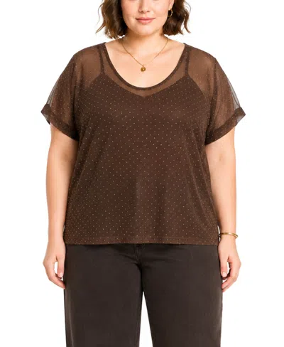 Coin 1804 Plus Size Foil Drop V-neck Top In Brown