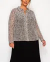 Coin 1804 Plus Size Leopard Mesh Button Front Long Sleeve Top In Brown
