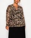 Coin 1804 Plus Size Leopard Mesh Button Front Long Sleeve Top In Brown