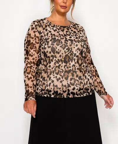 Coin 1804 Plus Size Leopard Mesh Scoop Neck Long Sleeve Top In Brown