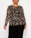 Coin 1804 Plus Size Leopard Mesh Scoop Neck Long Sleeve Top In Brown