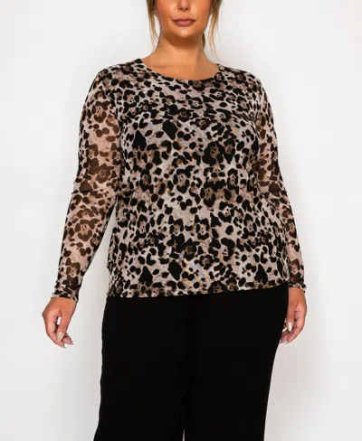 Coin 1804 Plus Size Leopard Mesh Scoop Neck Long Sleeve Top In Gray