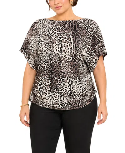Coin 1804 Plus Size Leopard Print Boat Neck Top In Gray