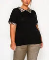 Coin 1804 Plus Size Leopard Print Mesh Collar Keyhole Back Short Sleeve Top In Black