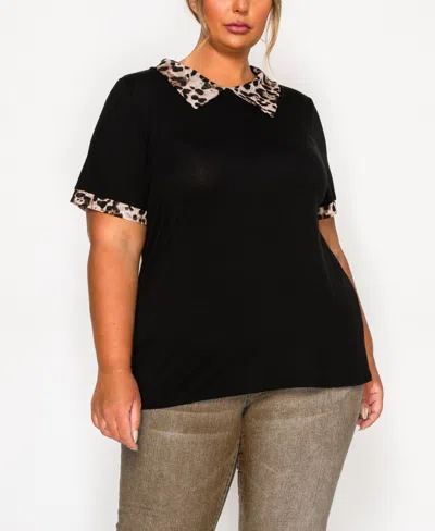 Coin 1804 Plus Size Leopard Print Mesh Collar Keyhole Back Short Sleeve Top In Black