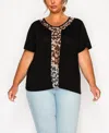 Coin 1804 Plus Size Leopard Print Mesh Inset Short Sleeve Top In Black