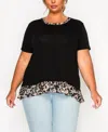 Coin 1804 Plus Size Leopard Print Mesh Pleat Back Short Sleeve Top In Black