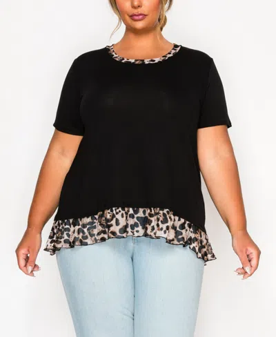 Coin 1804 Plus Size Leopard Print Mesh Pleat Back Short Sleeve Top In Black