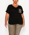 Coin 1804 Plus Size Leopard Print Mesh Pocket Shoulder Rolled Sleeve Top In Black