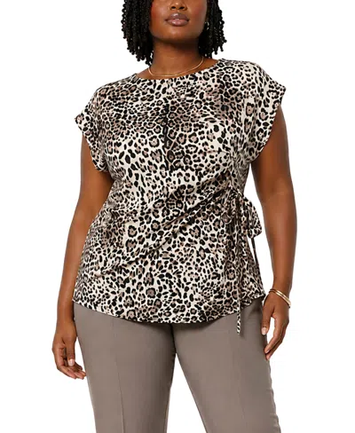 Coin 1804 Plus Size Leopard Print Pleat And Side Tie Top In Brown