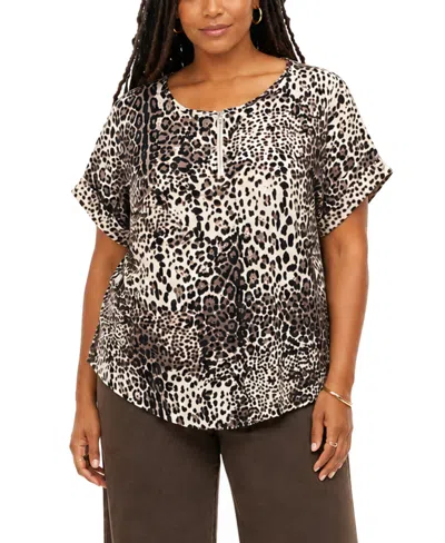 Coin 1804 Plus Size Leopard Print Rolled Sleeve Top In Gray