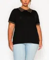 Coin 1804 Plus Size Pebble Mesh Collar Keyhole Back Short Sleeve Top In Black