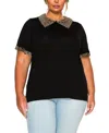 Coin 1804 Plus Size Pebble Mesh Collar Keyhole Back Short Sleeve Top In Black
