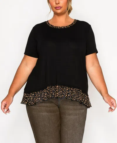 Coin 1804 Plus Size Pebble Mesh Pleat Back Short Sleeve Top In Black