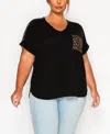 Coin 1804 Plus Size Pebble Mesh Pocket Shoulder Rolled Sleeve Top In Blue
