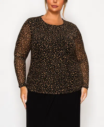 Coin 1804 Plus Size Pebble Mesh Scoop Neck Long Sleeve Top In Black