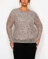 Coin 1804 Plus Size Pebble Mesh Scoop Neck Long Sleeve Top In Neutral