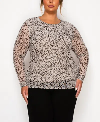 Coin 1804 Plus Size Pebble Mesh Scoop Neck Long Sleeve Top In Brown