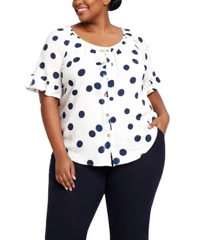 Coin 1804 Plus Size Polka Dot Crinkle Knit Button Front Ruffle Sleeve In White