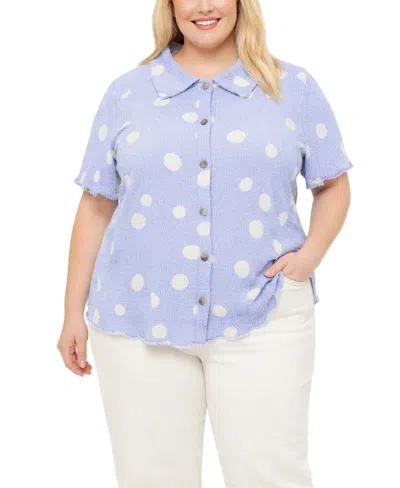 Coin 1804 Plus Size Polka Dot Crinkle Knit Button Short Sleeve Button Shirt In Blue